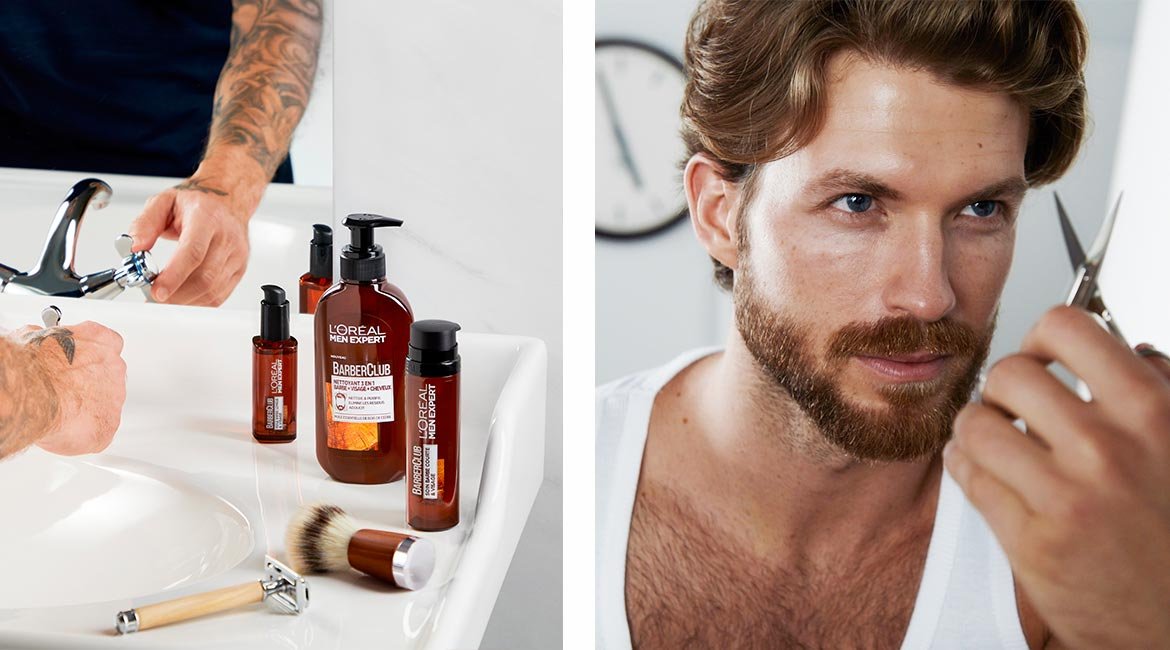 verschiedene Barber Club Produkte und ein mann mit Schere vor einem Spiegel